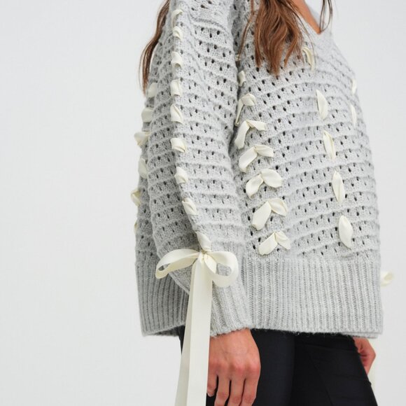 For Love & Lemons Liberty V Neck Sweater S / Grey - Picture 2 of 3